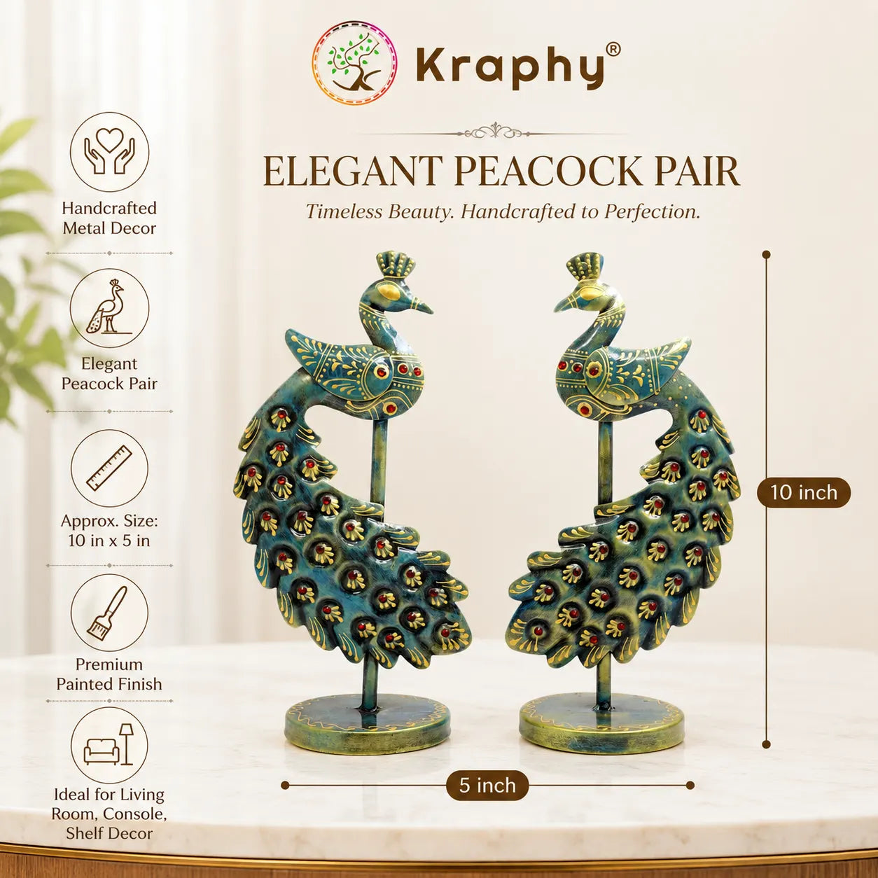 Metal Peacock Showpiece Set of 2 | Decorative Peacock (10 x 5 Inch)