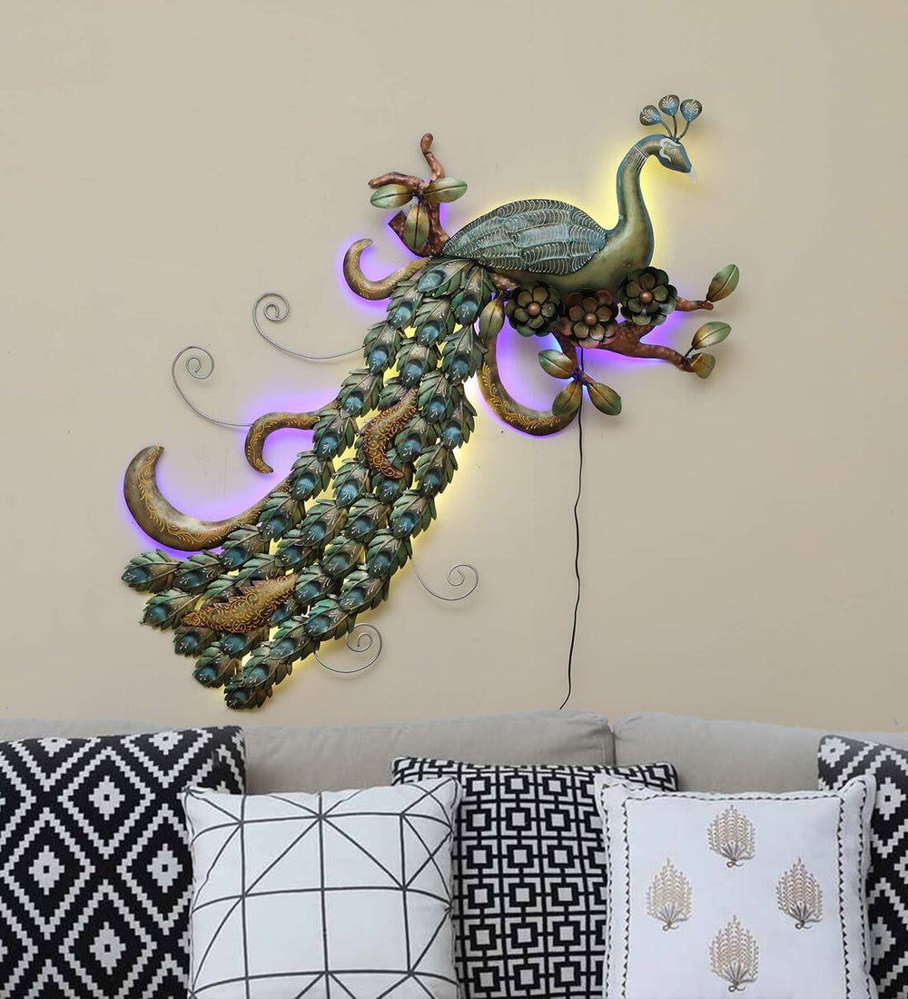 Multicolor Iron Peacock Wall Art With LED