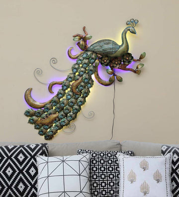 Multicolor Iron Peacock Wall Art With LED