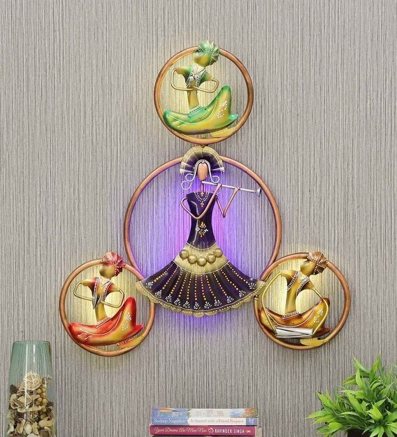 Multicolour Wrought Iron Circle Doll Musicians With Led Wall Art