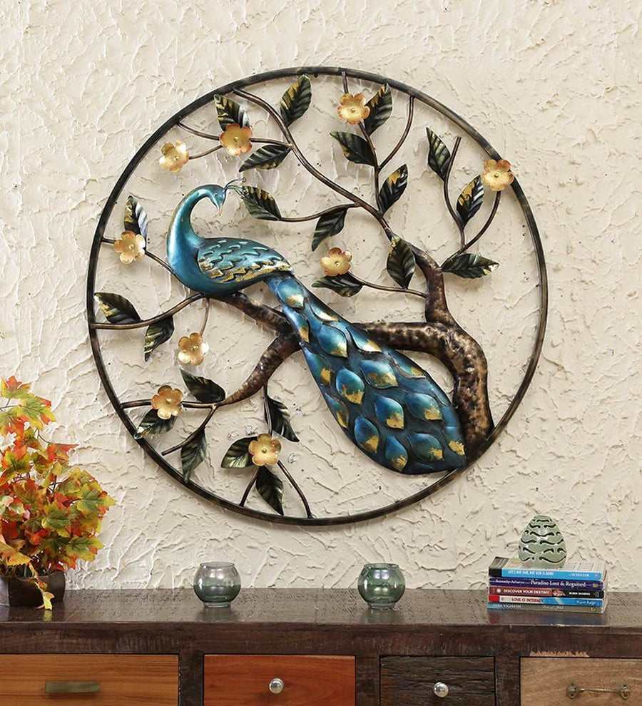 Multicolour iron round peacock wall art