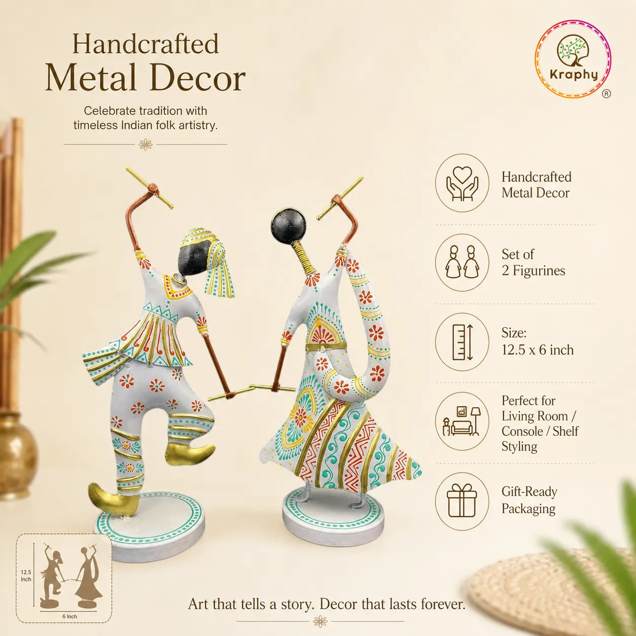 Metal Dandiya Dancing Couple Showpiece Set of Two White Finish (12.5 Inch)