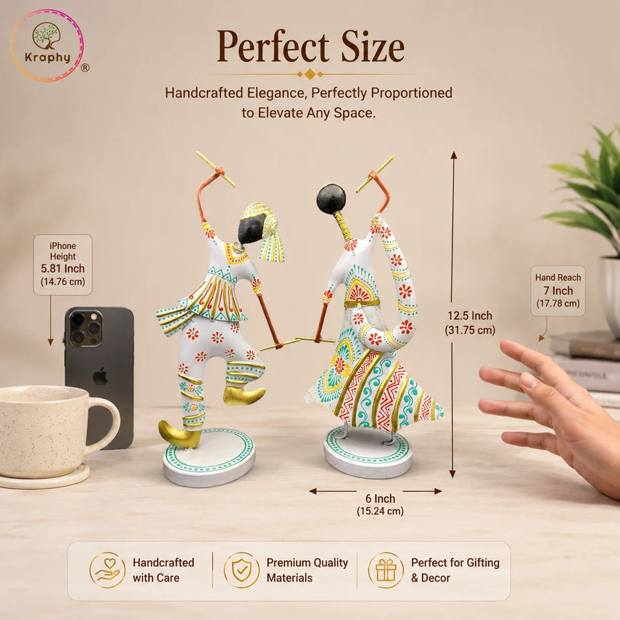 Metal Dandiya Dancing Couple Showpiece Set of Two White Finish (12.5 Inch) size guide