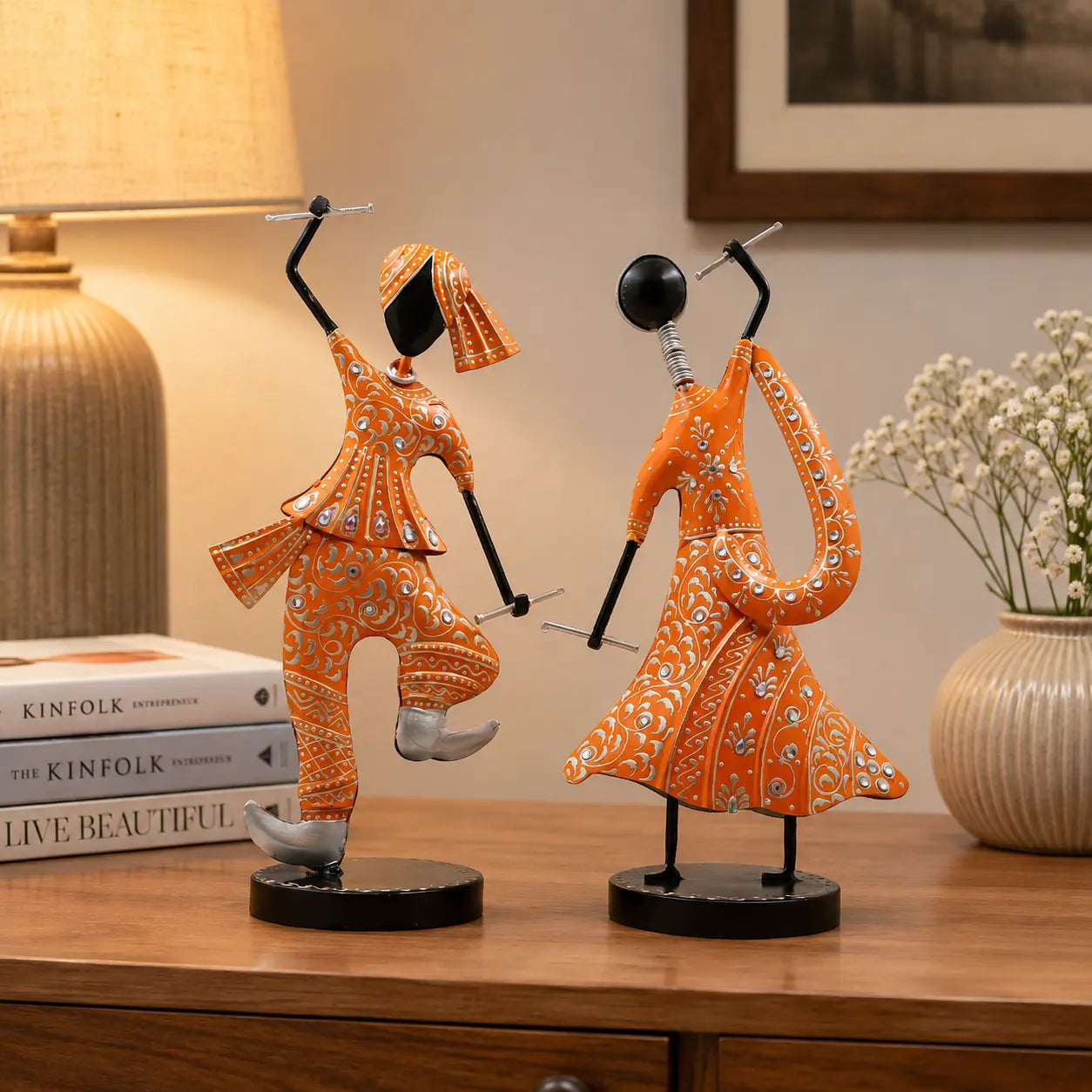 (Pack Of 2)  Orange Iron Musician Playing Garba Dandiya Showpiece