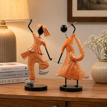 (Pack Of 2)  Orange Iron Musician Playing Garba Dandiya Showpiece