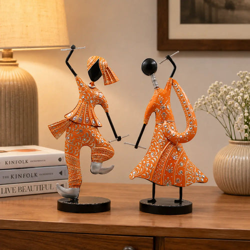 (Pack Of 2)  Orange Iron Musician Playing Garba Dandiya Showpiece media 1
