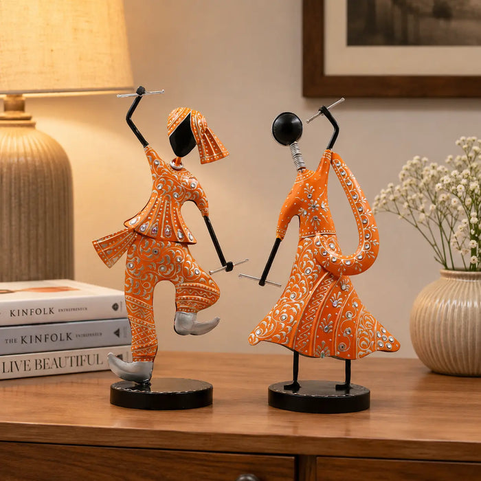 (Pack Of 2)  Orange Iron Musician Playing Garba Dandiya Showpiece