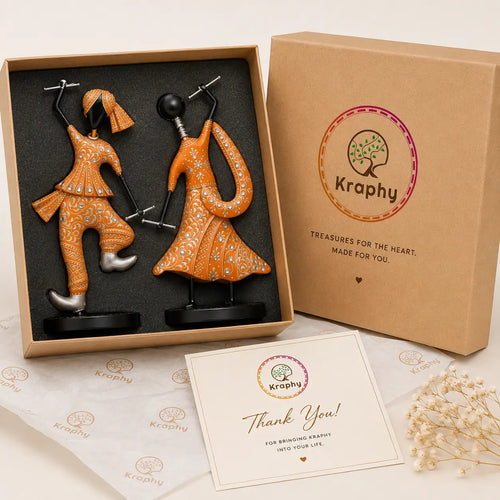 (Pack Of 2)  Orange Iron Musician Playing Garba Dandiya Showpiece media 5