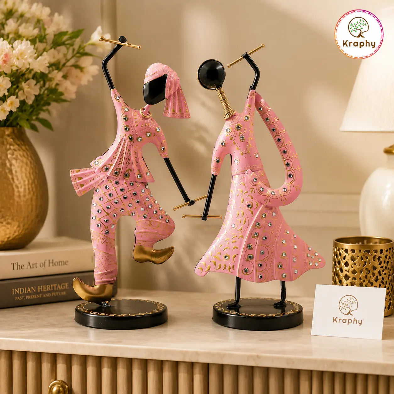 (Pack Of 2)  Pink Iron Musician Playing Garba Dandiya Showpiece