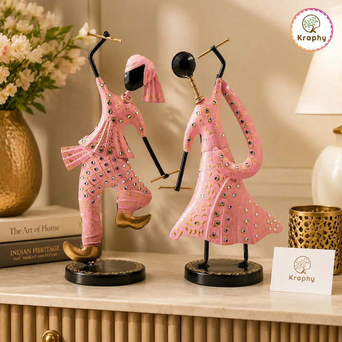 (Pack Of 2)  Pink Iron Musician Playing Garba Dandiya Showpiece