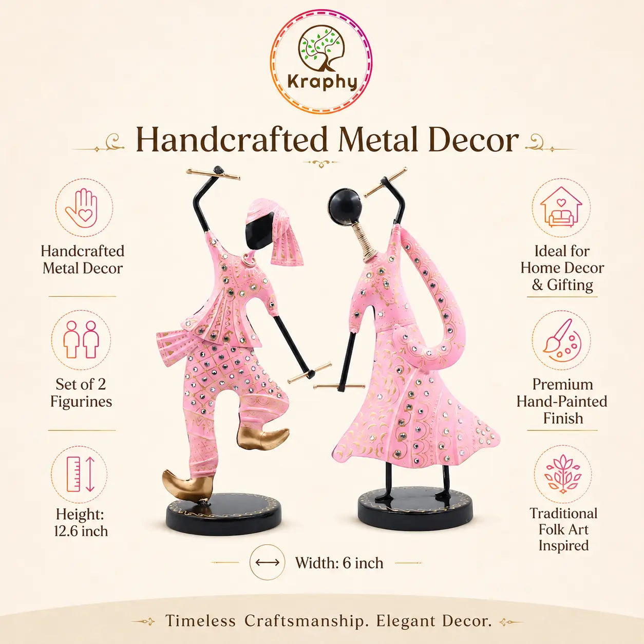(Pack Of 2)  Pink Iron Musician Playing Garba Dandiya Showpiece