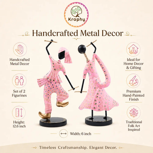 (Pack Of 2)  Pink Iron Musician Playing Garba Dandiya Showpiece media 6