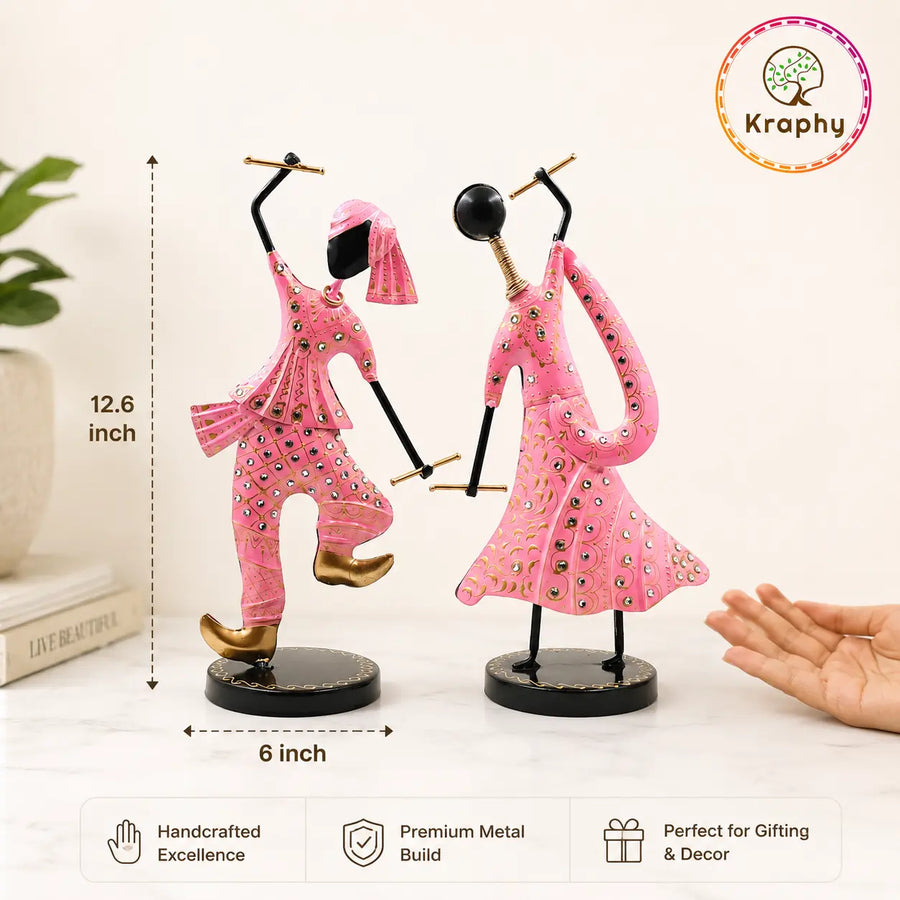 (Pack Of 2)  Pink Iron Musician Playing Garba Dandiya Showpiece size guide