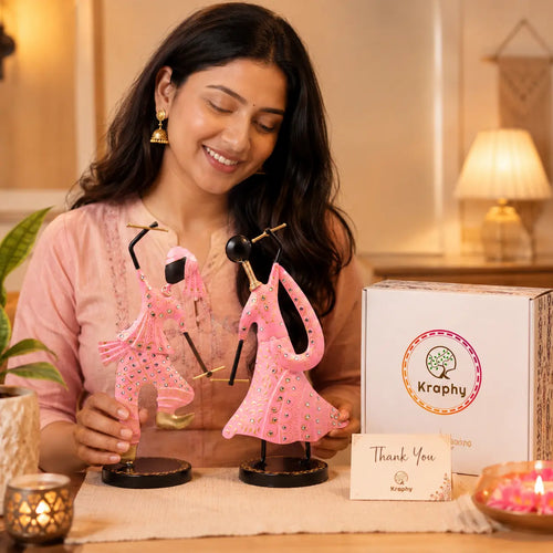 (Pack Of 2)  Pink Iron Musician Playing Garba Dandiya Showpiece media 2
