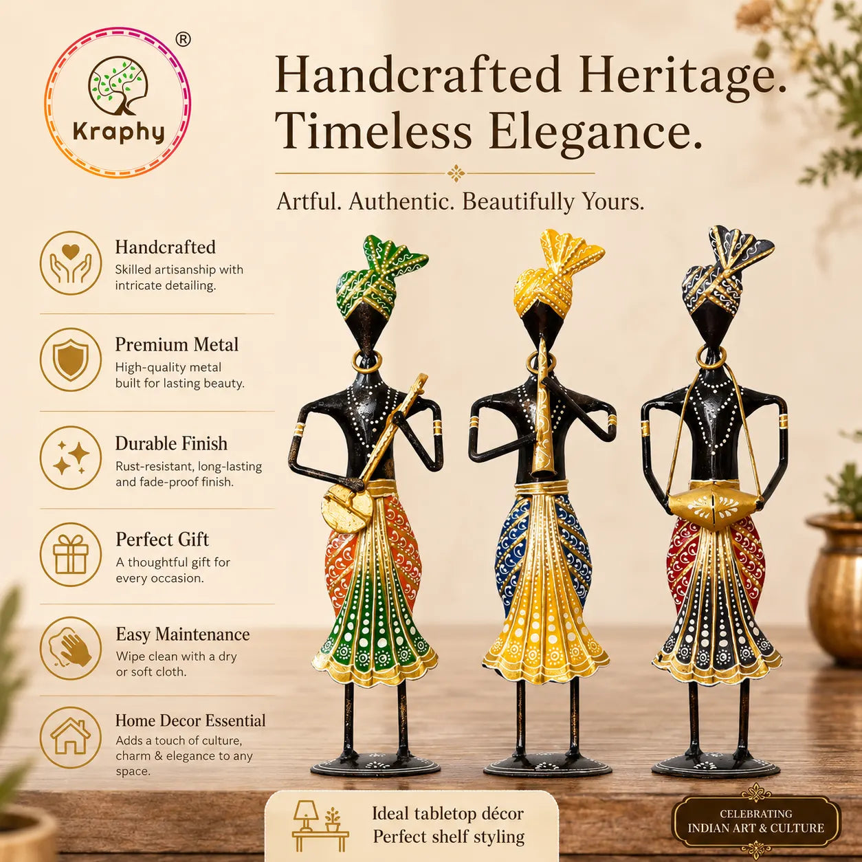 (Pack Of 3) Kraphy Wrought Iron Decorative Musician Showpiece