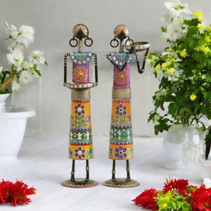 (Pack of 2) Multicolor Metal Wrought Iron Tribal Lady showpieces Items ...