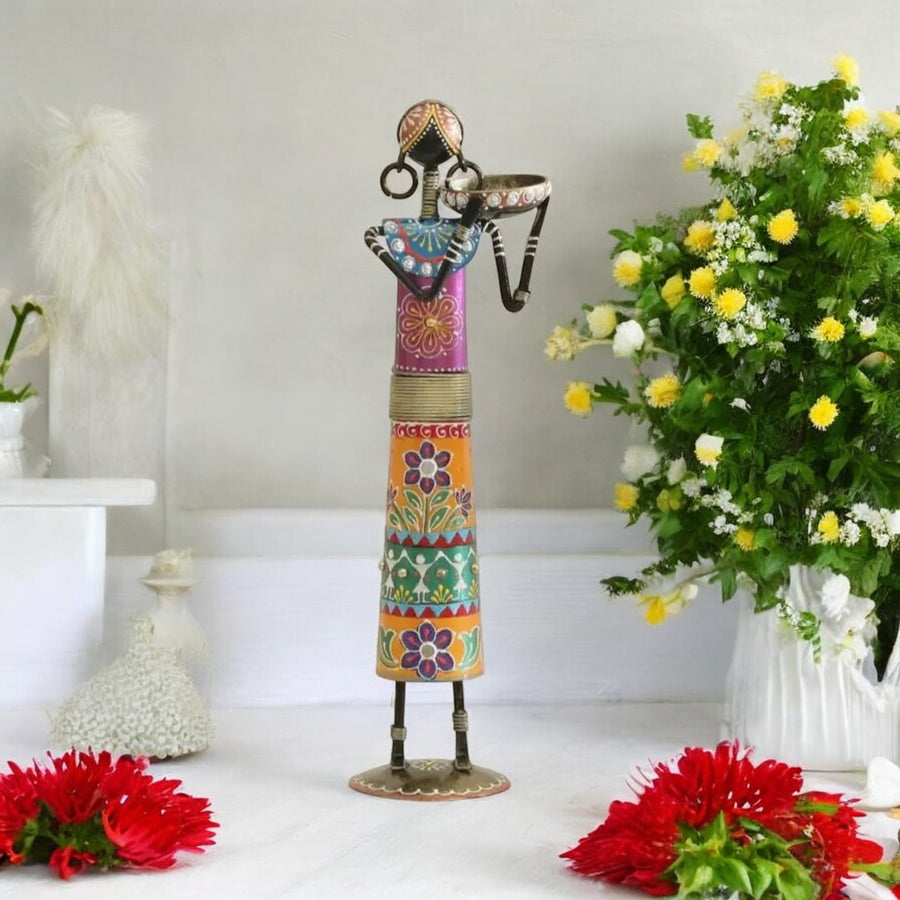 (Pack of 2) Multicolor Metal Wrought Iron Tribal Lady showpieces Items