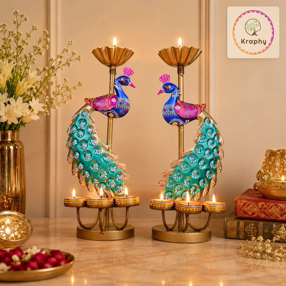 (Pair) Kraphy Metal peacock T light candle holder showpiece