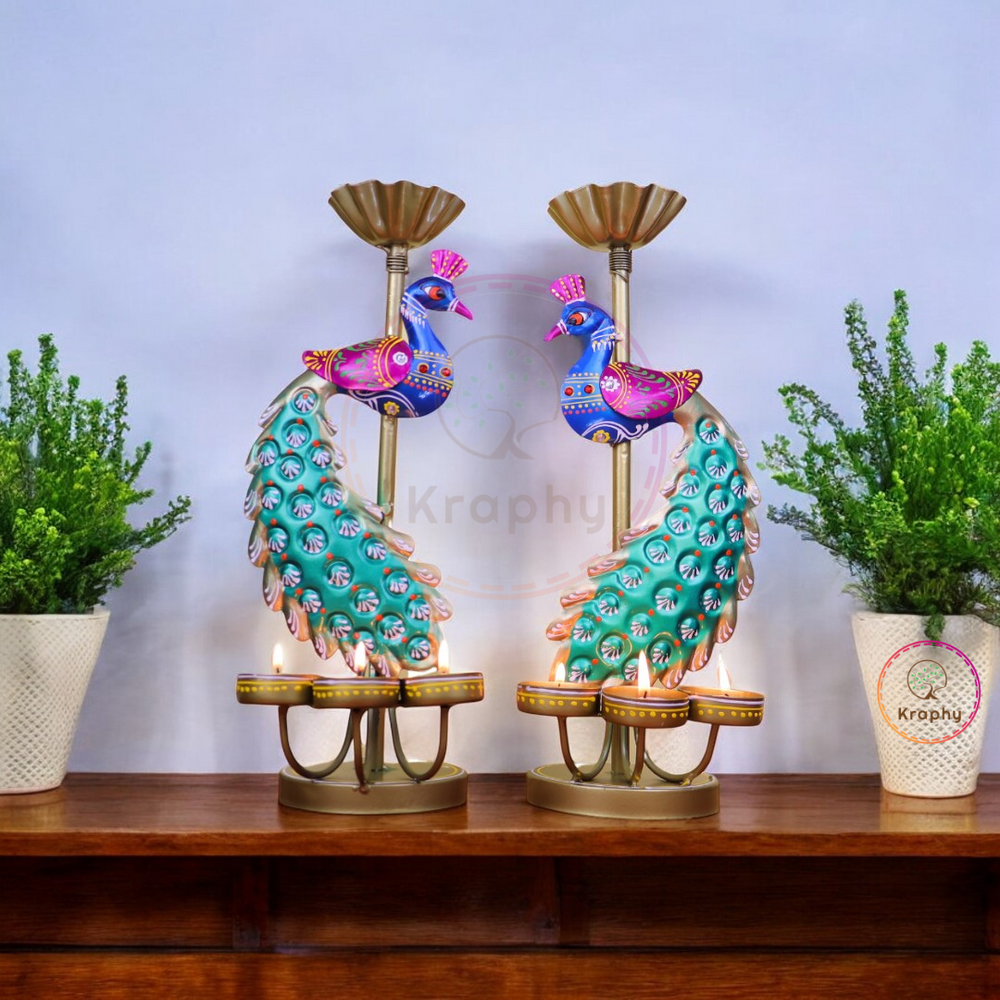 (Pair) Kraphy Metal peacock T light candle holder showpiece