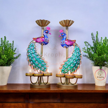 (Pair) Kraphy Metal peacock T light candle holder showpiece