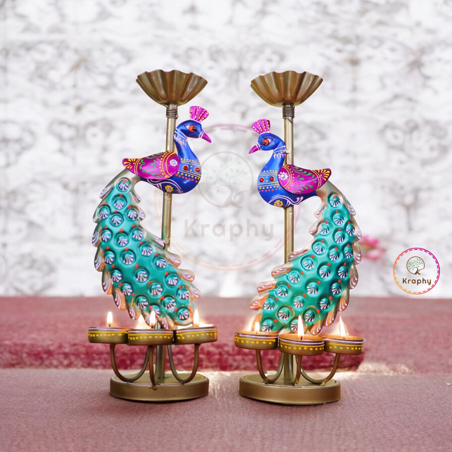 (Pair) Kraphy Metal peacock T light candle holder showpiece