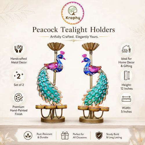 (Pair) Kraphy Metal peacock T light candle holder showpiece media 4