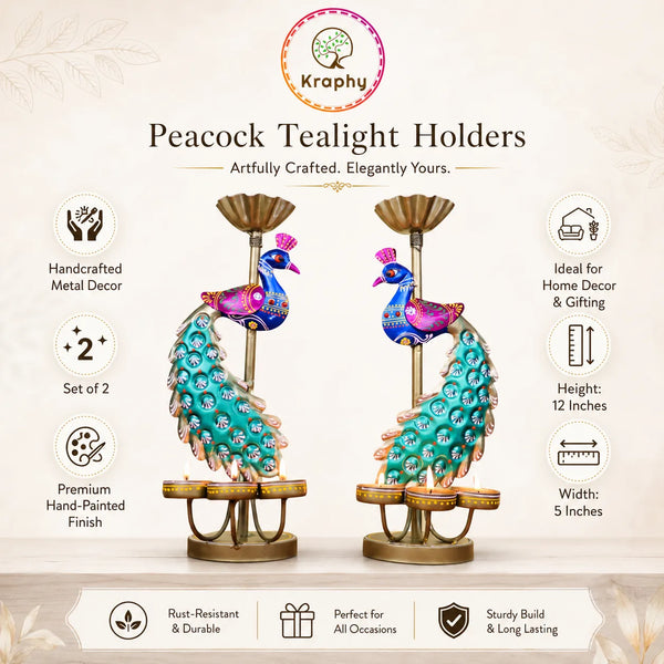 (Pair) Kraphy Metal peacock T light candle holder showpiece detail image 4