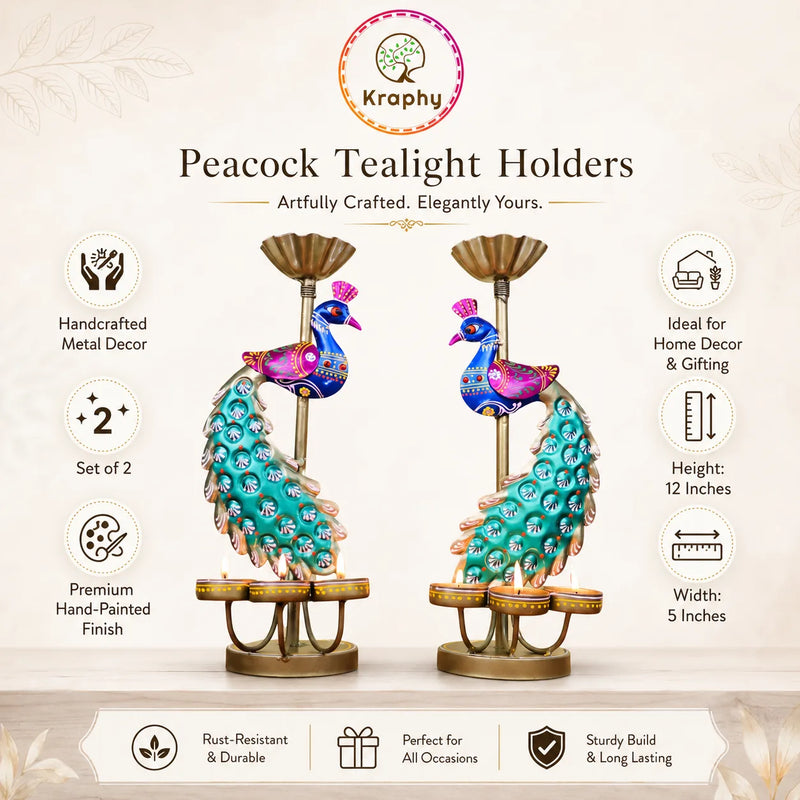 (Pair) Kraphy Metal peacock T light candle holder showpiece detail 3