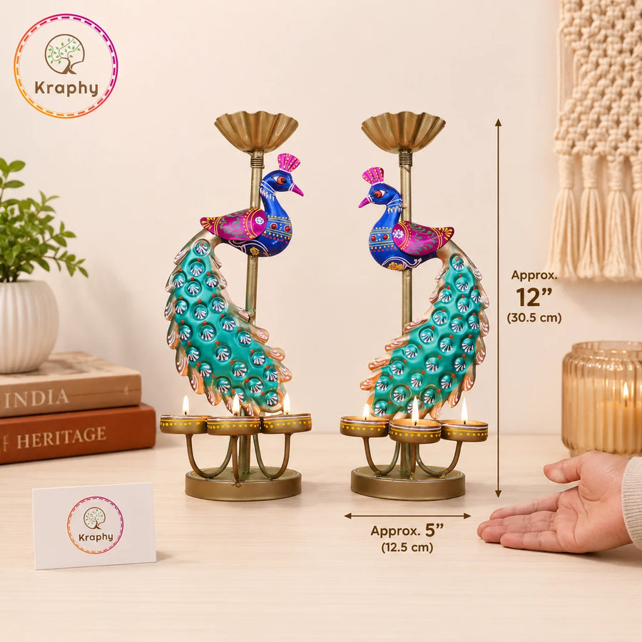 (Pair) Kraphy Metal peacock T light candle holder showpiece size guide