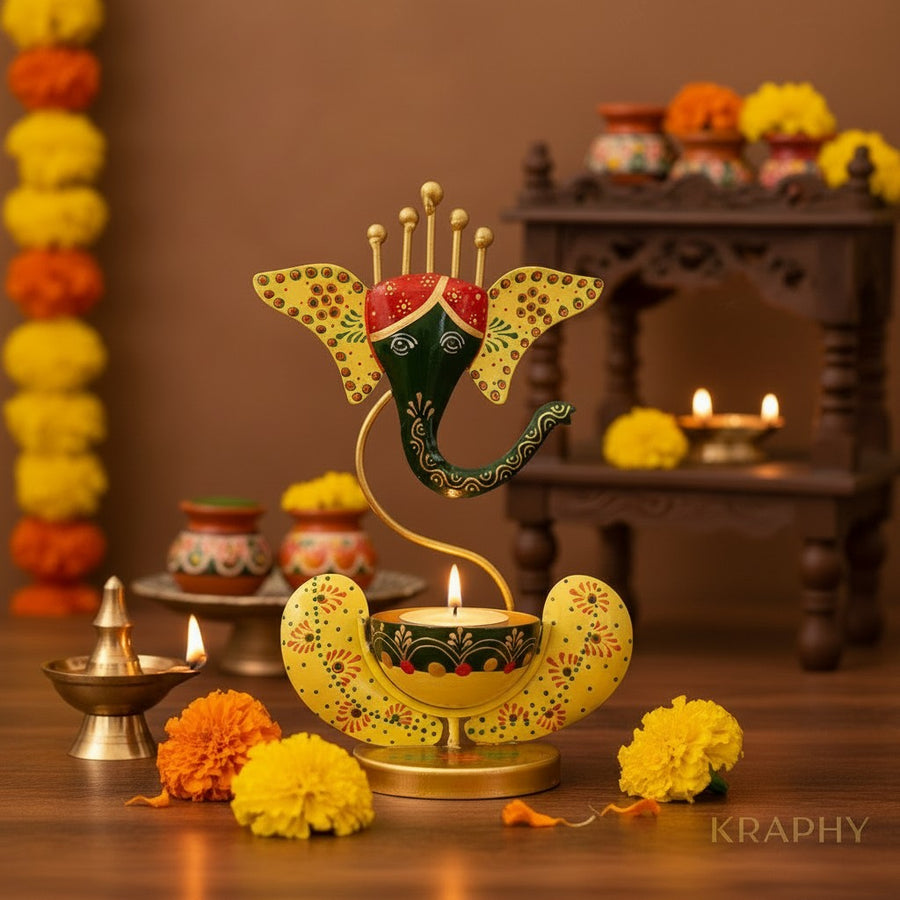 Metal Ganesh Diya Candle Holder for Home Decor and Pooja 11 Inch