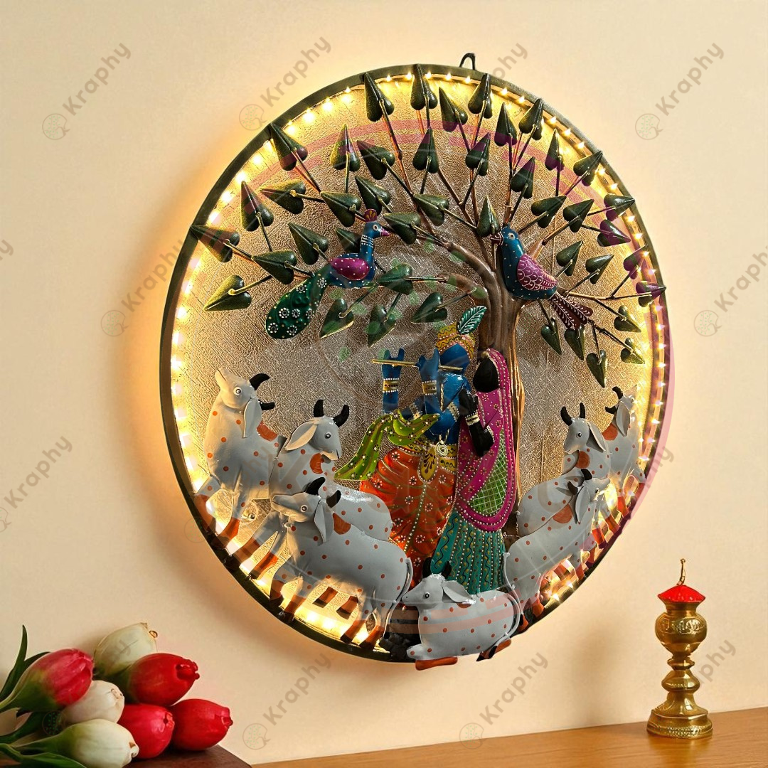 Radha Krishna with Cows Under Tree Metal Wall Art – 24 Inch