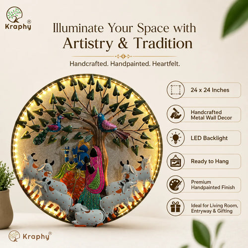 Radha Krishna with Cows Under Tree Metal Wall Art – 24 Inch media 6