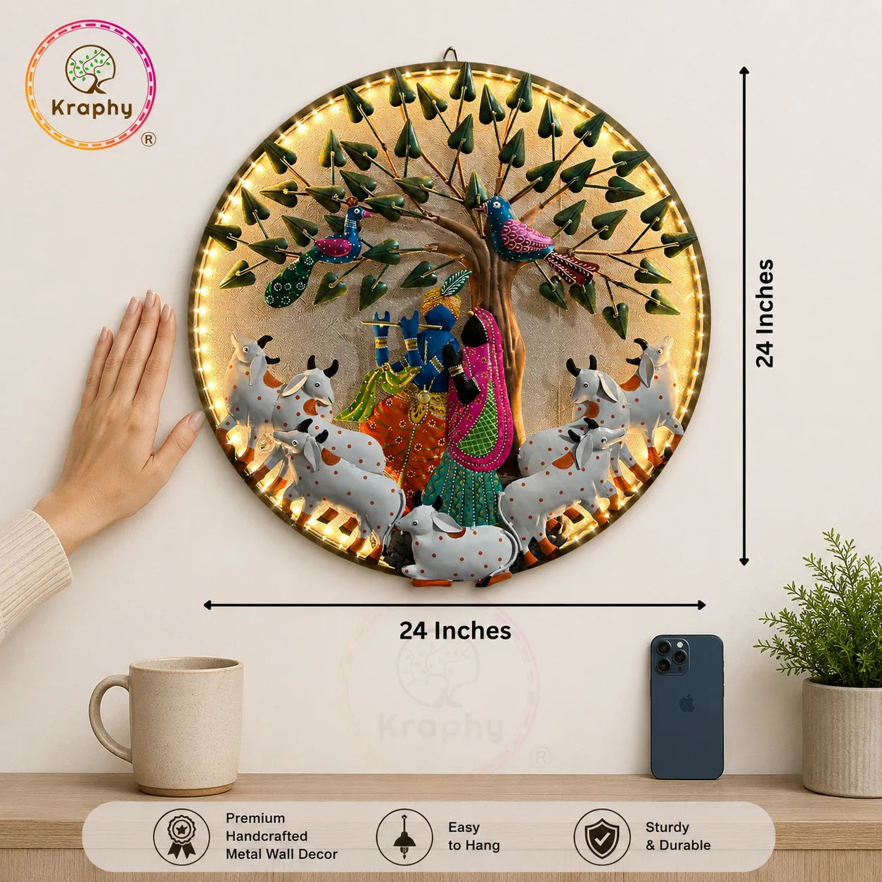 Radha Krishna with Cows Under Tree Metal Wall Art – 24 Inch