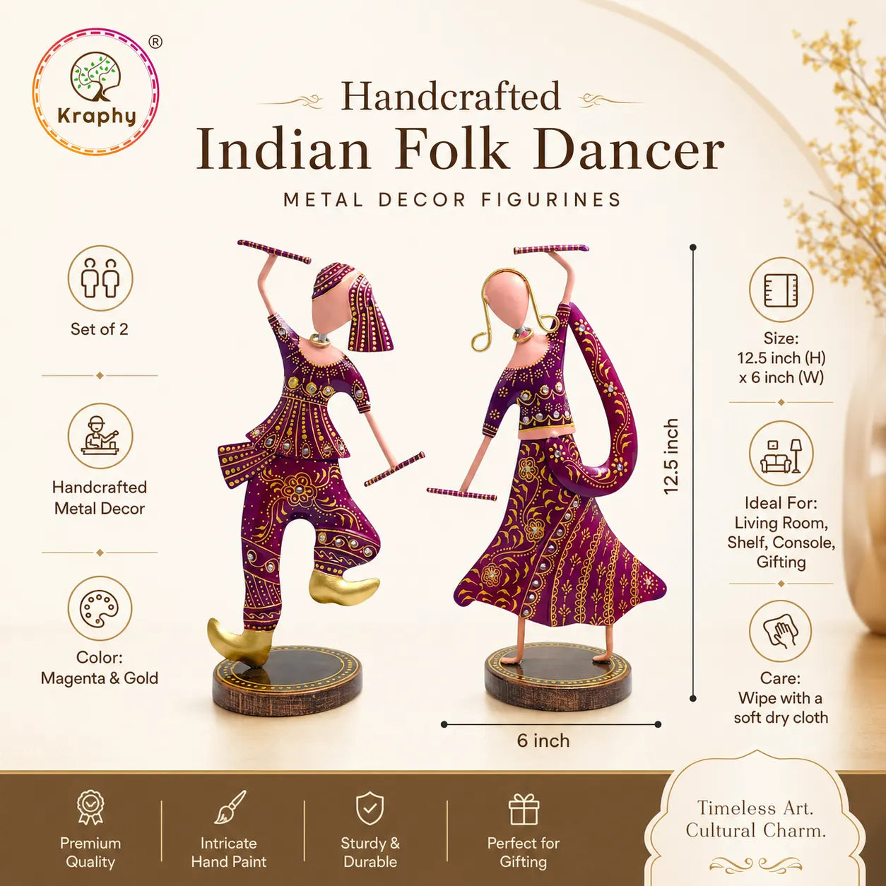Rajasthani Dancing Couple Metal Showpiece Set – 12 inch
