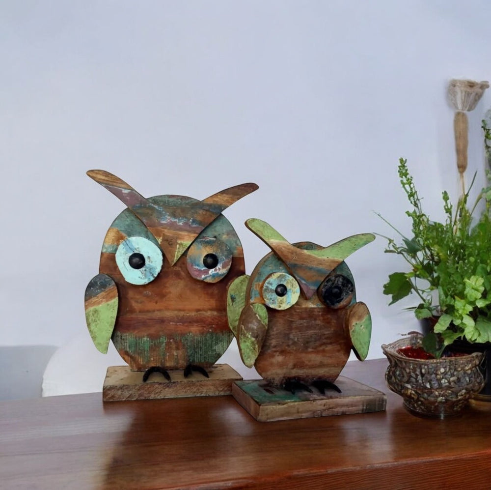 Recycled Wooden & Iron Owl Set