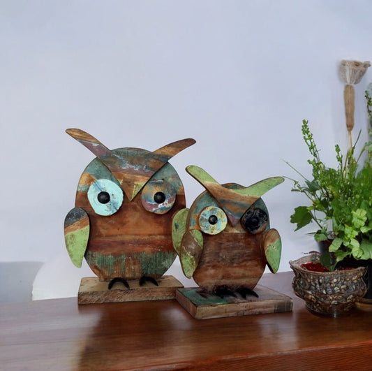 Recycled Wooden & Iron Owl Set