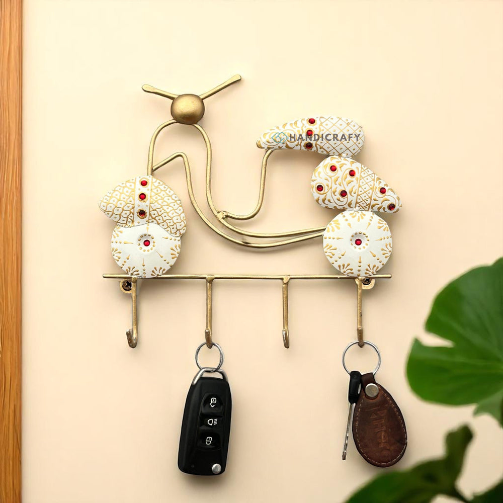 Handcrafted Scooter Shape Metal Key Holder | 4-Hook Wall Hanging Key Stand