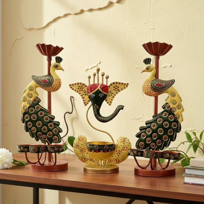 Metal Peacock Candle Holder Set with Ganesh Diya for Home Decor (Pack of 3) 13 Inch