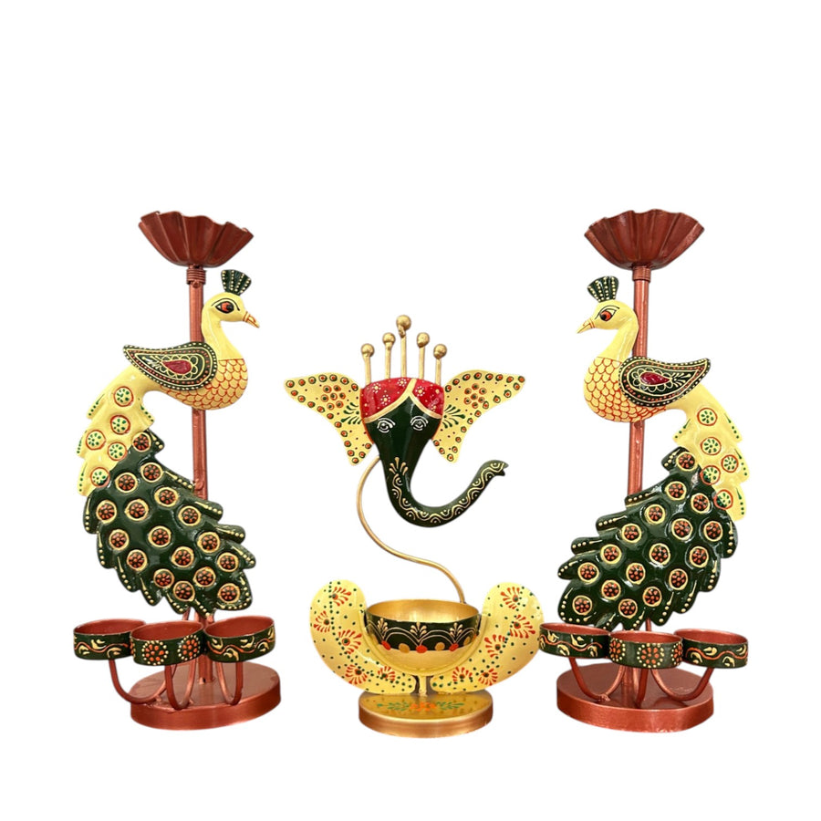 Metal Peacock Candle Holder Set with Ganesh Diya for Home Decor (Pack of 3) 13 Inch