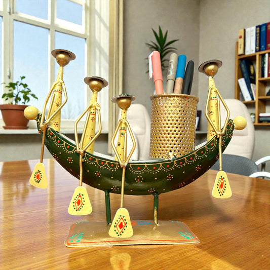Metal Tribal Boat Pen Stand Showpiece for Table Decor 10 Inch