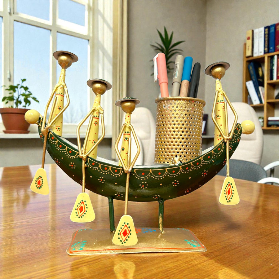 Metal Tribal Boat Pen Stand Showpiece for Table Decor 10 Inch