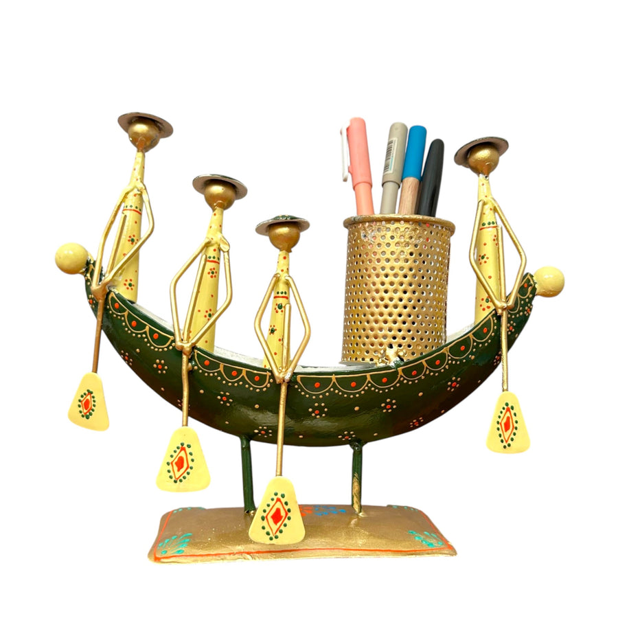 Metal Tribal Boat Pen Stand Showpiece for Table Decor 10 Inch