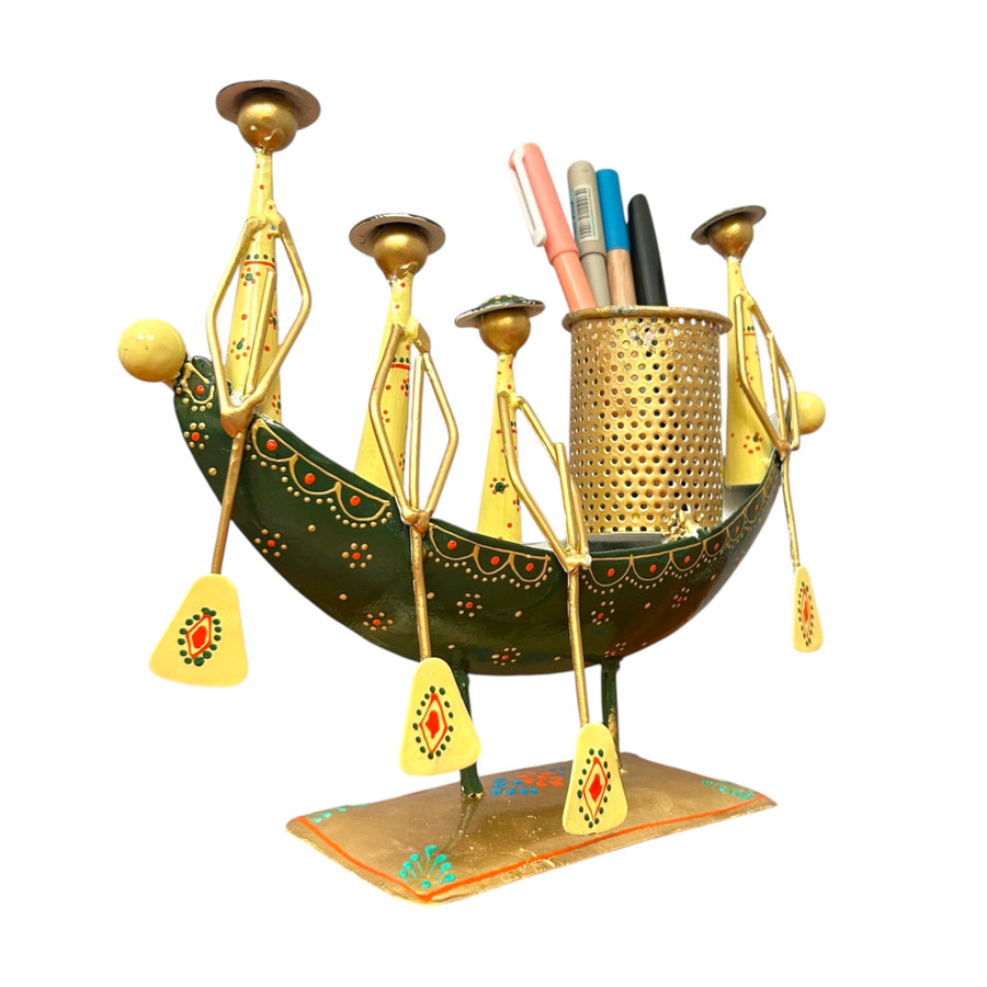 Metal Tribal Boat Pen Stand Showpiece for Table Decor 10 Inch