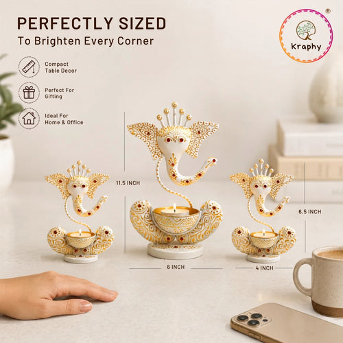 KRAPHY Handcrafted Ganesha Metal Tealight Candle Holder Set of 3 – White & Gold media 6