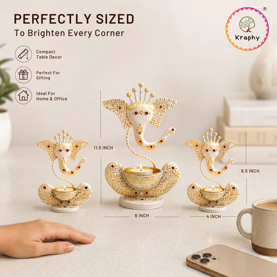 KRAPHY Handcrafted Ganesha Metal Tealight Candle Holder Set of 3 – White & Gold size guide