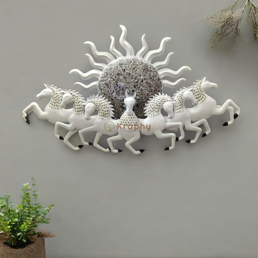 White Seven Running Horses Metal Wall Art