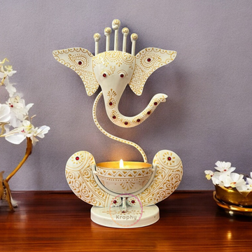 White Ganesh Ji Iron Tealight Candle Holder