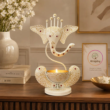 White Ganesh Ji Iron Tealight Candle Holder