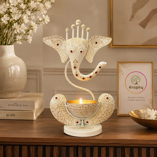 White Ganesh Ji Iron Tealight Candle Holder