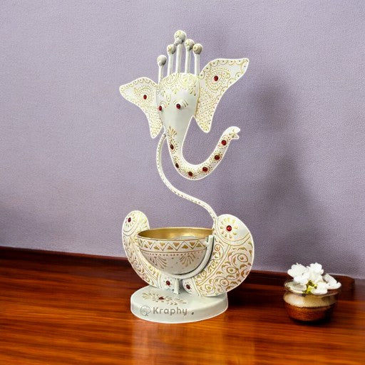 White Ganesh Ji Iron Tealight Candle Holder detail 3